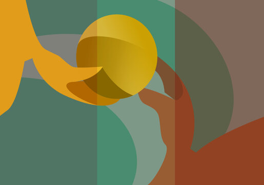 Abstract Art Deco Vector Illustration of Two Hands Passing a Golden Sphere, Symbolizing Connection, Support, and Unity in Modern Minimalist Style