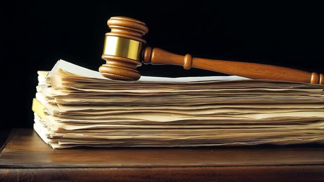 Gavel rests on top of a pile of legal papers in a dark environment showing a judicial context