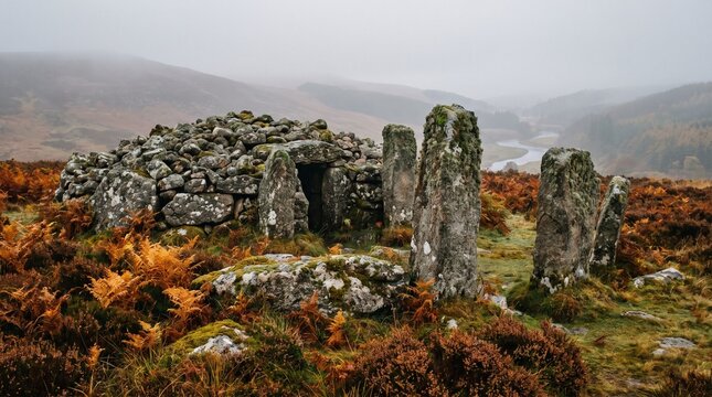 Prehistoric Stone Cairn and Rough-Hewn Monoliths in Autumn Fog