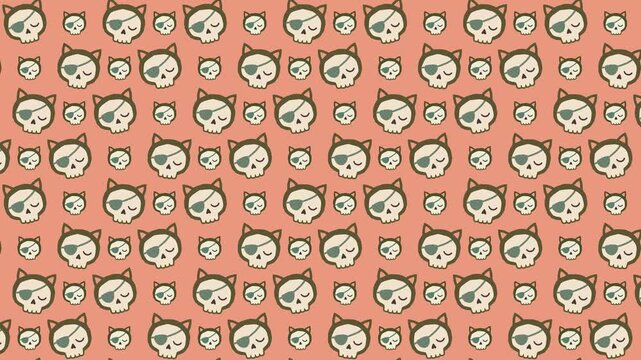 Seamless pattern animation cat skulls with eyepatches