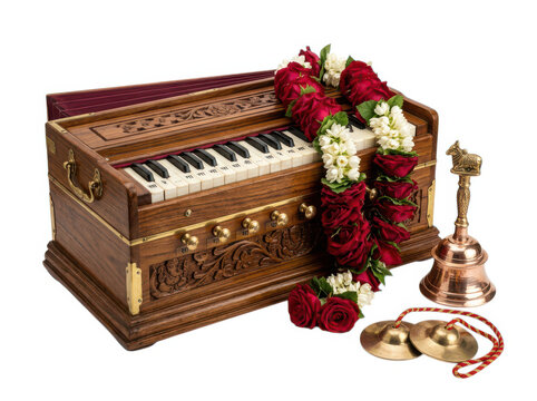 Traditional indian harmonium musical instrument decorated with colorful flower garlands