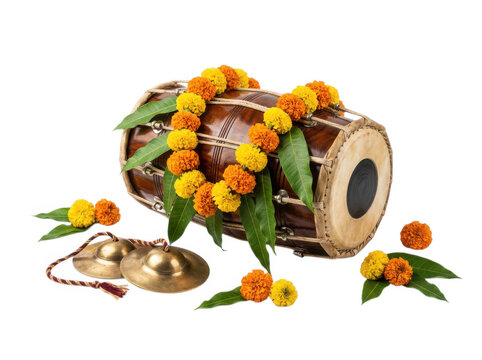 Traditional indian dholak drum decorated with marigold flowers and brass cymbals