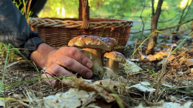 Picking mushrooms in the forest. Selective focus.