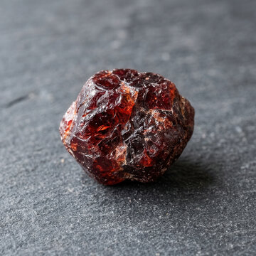 Close Up Macro Shot Of A Deep Red Garnet Gemstone On Dark Slate Background