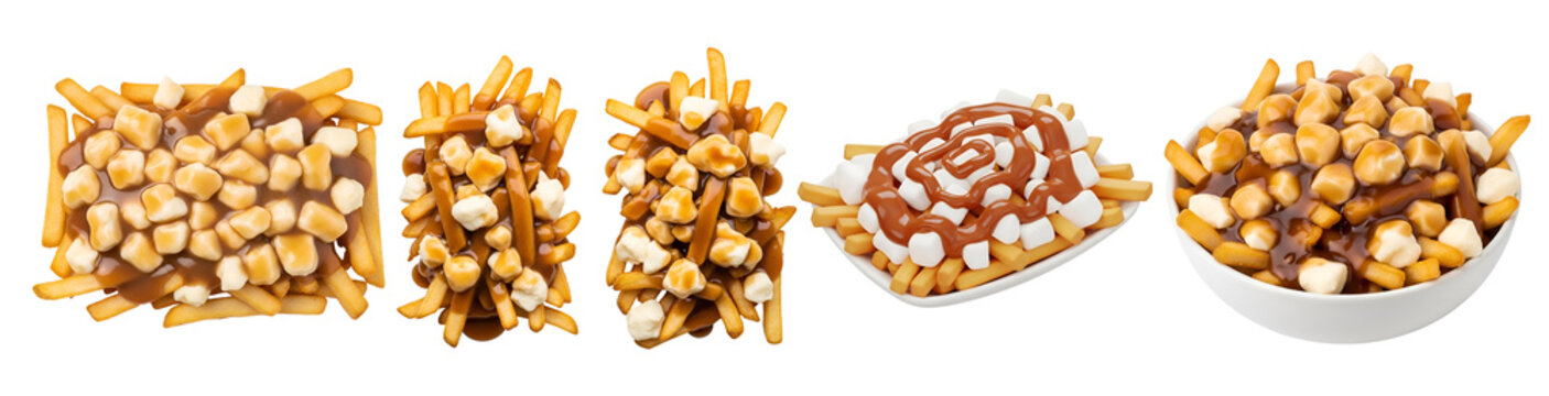 Traditional Canadian poutine dishes featuring crispy golden french fries smothered in rich savory gravy and topped with fresh white cheese curds presented on transparent background