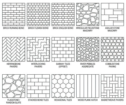 Set of architectural masonry and paving patterns featuring various brick and stone textures