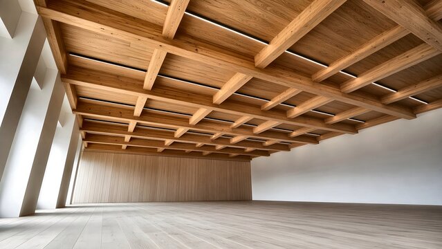 Spacious empty room with architectural wooden coffered ceiling and built-in lighting