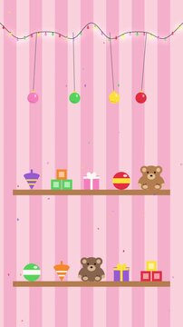 Christmas Toy Shop Shelves with Teddy Bears and Gifts in Pink Loop Background
