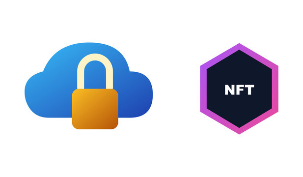 Cloud storage security icon with padlock and NFT hexagon symbol on transparent background.