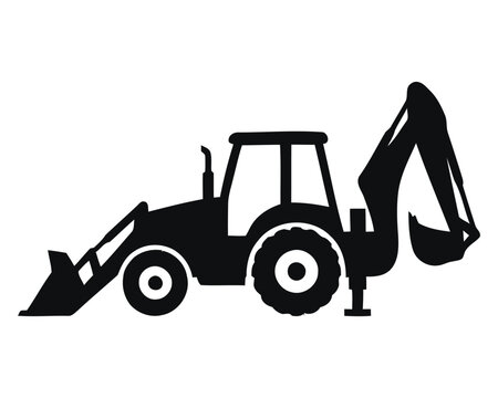 Black silhouette of a construction backhoe loader tractor isolated on a white background for industrial design projects