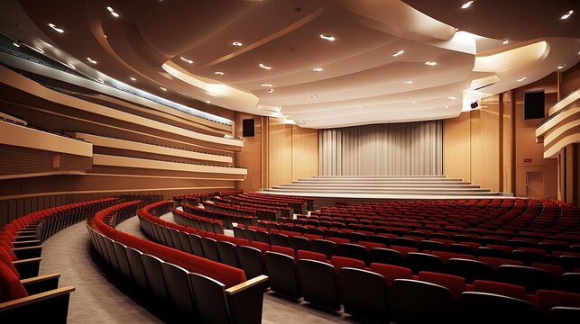 Empty modern auditorium theater with red velvet seats and warm lights.