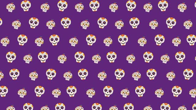 Seamless pattern of colorful sugar skulls on purple background