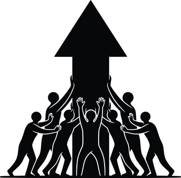 Team of people pushing an upward arrow silhouette with white background