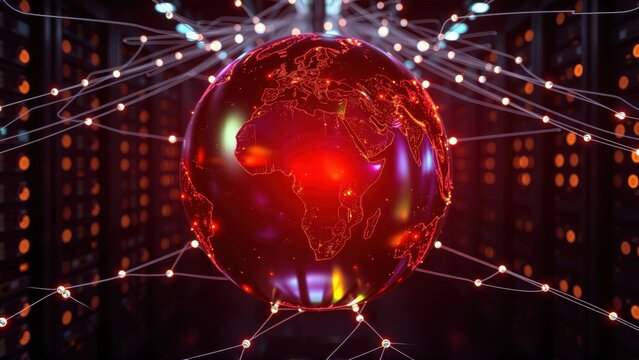 Red glowing globe centered within server room. Network connections radiate outward, symbolizing global data infrastructure. Digital world concept.