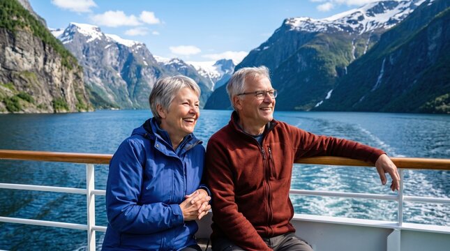 Active seniors enjoy life. Cheerful travelers lean on a ferry railing, admiring towering cliffs and deep blue waters along a fjord cruise.