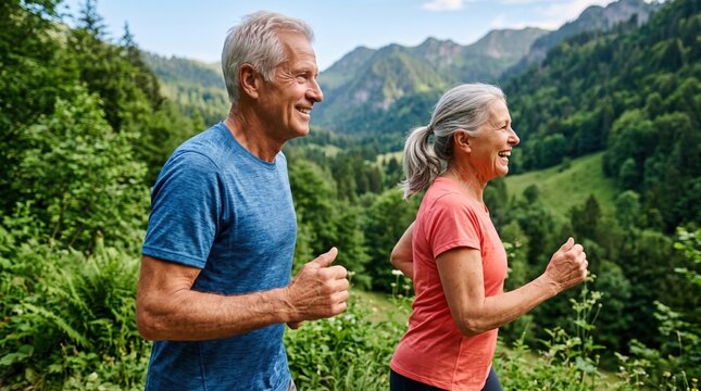 Active seniors enjoy life. Fit runners jog together along a lush green valley trail, maintaining endurance and cardio health outdoors.