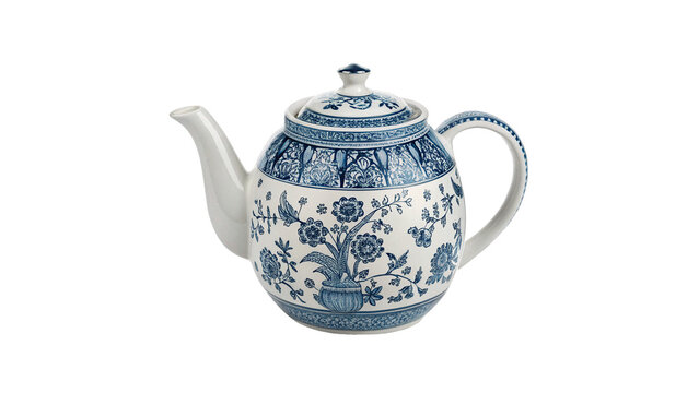Traditional ceramic teapot with classic blue floral pattern on transparent background