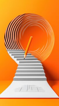 Pencil drawing staircase extending into swirling orange vortex
