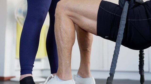 Gros plan sur les jambes d'une personne &acirc;g&eacute;e pendant un exercice avec un coach