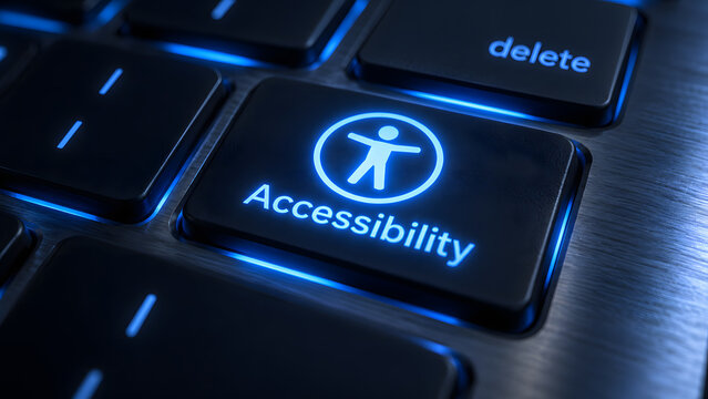 Glowing blue accessibility key with universal access icon on dark computer keyboard close up