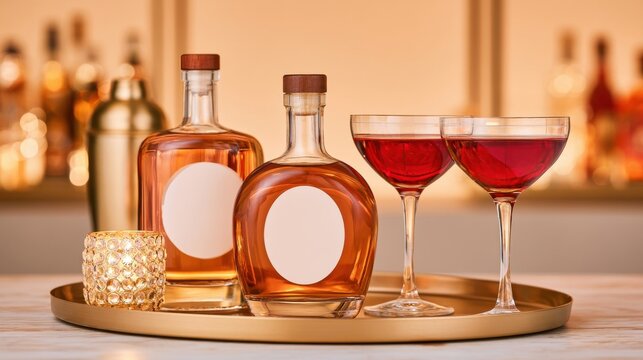 Golden tray with spirit bottles and red cocktails in bar setting