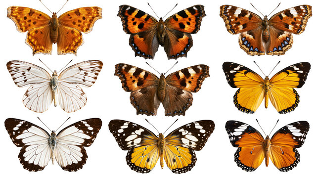 Collection of nine colorful butterflies with diverse wing patterns and colors