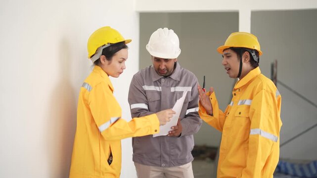 Civil engineer reviews construction plans with two workers during project discussion inside building site, focusing on coordination, inspection, planning, teamwork.