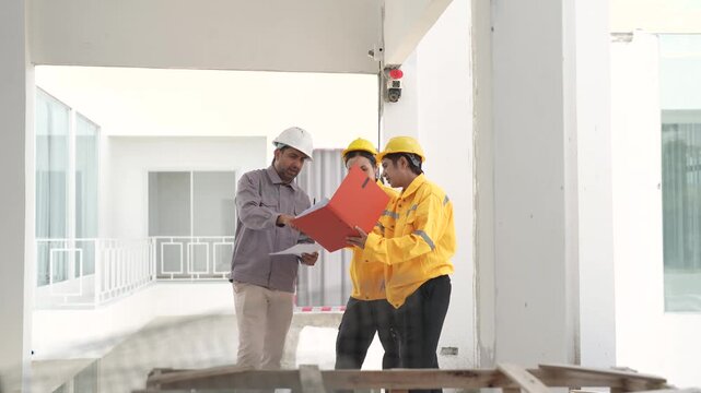 Civil engineer discusses construction documents with two workers while walking through unfinished building, showing site management, communication, project planning.