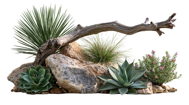 Desert landscape arrangement with agave succulents yucca, rocks and driftwood