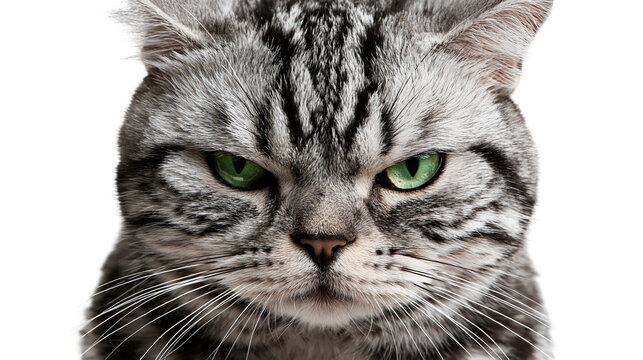 Close up portrait of a grumpy silver tabby cat with intense green eyes