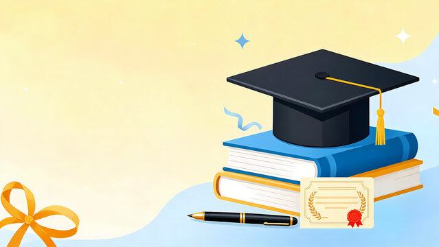 Graduation celebration with cap, books, pen and certificate on colorful abstract background