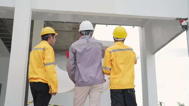 Civil engineer and construction workers inspect unfinished interior together, discussing building work and project progress during construction site walkthrough.