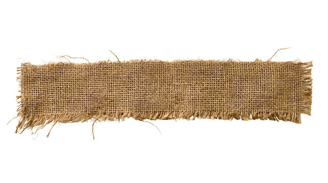 Rectangular strip of coarse brown burlap fabric with frayed edges