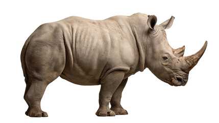 Large grey rhinoceros standing in profile with prominent horns and wrinkled skin © darietta
