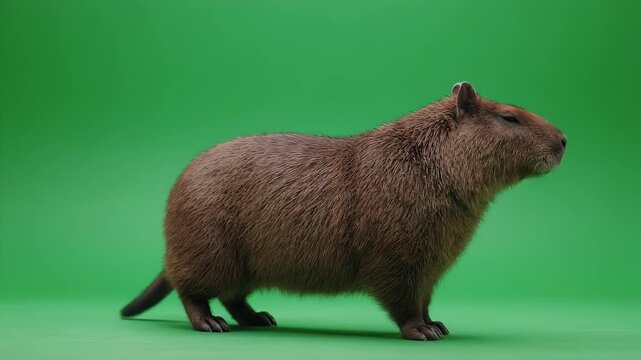 A Capybara Stands Still on a Green Screen Background.