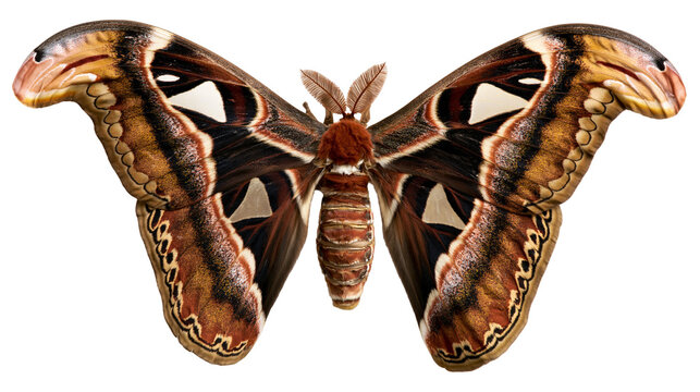Attacus atlas moth with large brown patterned wings and feathery antennae