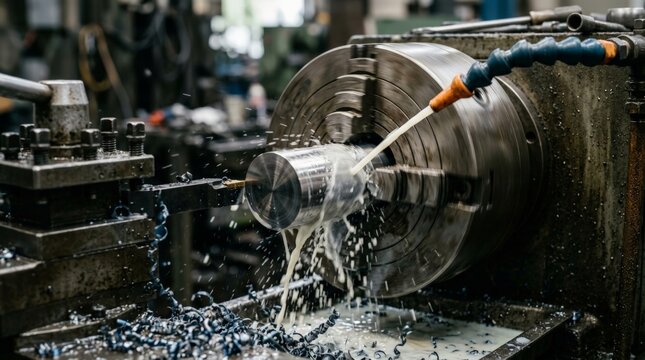 Metal lathe shaping a steel rod with a cutting tool while being continuously lubricated by cnc machine coolant in a busy manufacturing workshop environment, underscoring the machining