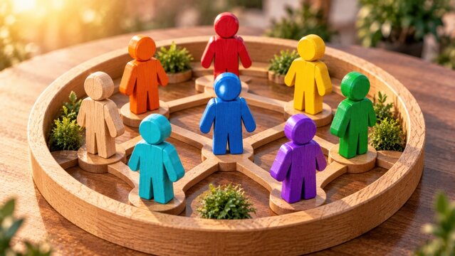 Colorful wooden peg dolls arranged in circular network layout representing social connection and global community.