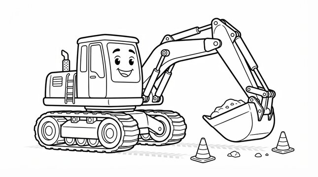 Cute cartoon excavator truck character for kids coloring page with construction cones