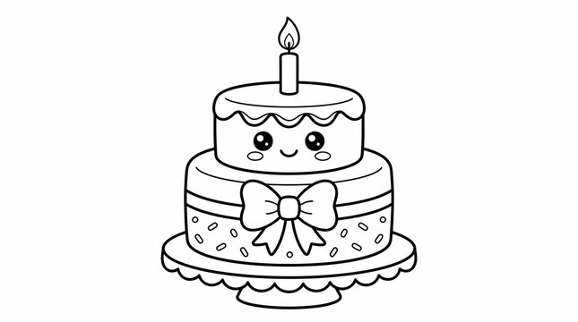 Cute two tier birthday cake with a candle and a bow isolated on a white background