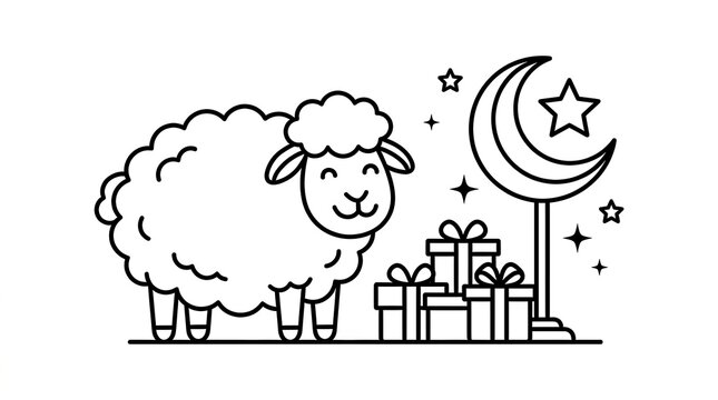 Cute sheep with gift boxes and crescent moon stars in a simple black line art style