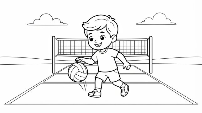 Little boy playing volleyball on a sports court in a simple black and white drawing