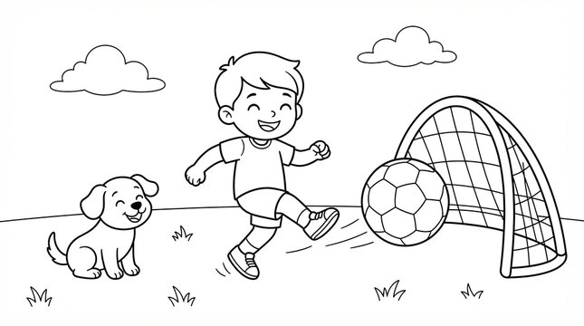 Happy little boy playing soccer with his cute puppy in the park coloring book page