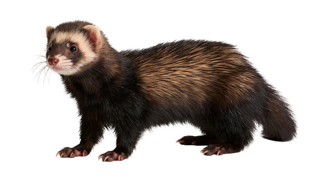 Sable ferret with brown and black fur standing in profile
