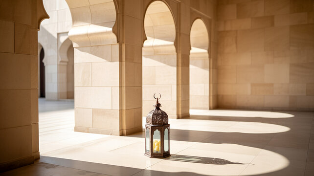 Beautiful Traditional Islamic Lantern Inside Architectural Courtyard With Arched Columns