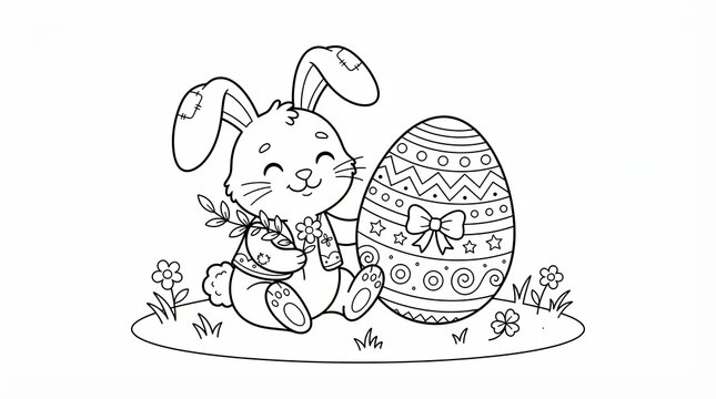 Cute little bunny rabbit sitting and holding a flower next to a decorated easter egg
