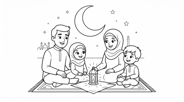 Happy muslim family sitting together for ramadan celebration line art drawing