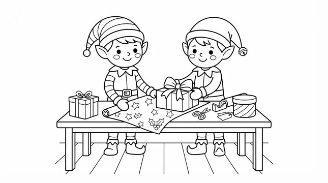 Two cute christmas elves wrapping presents on a wooden table line art illustration