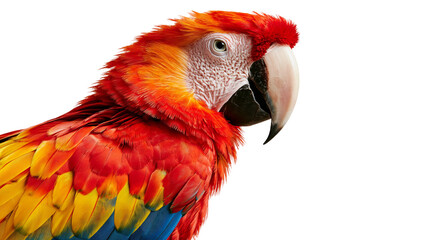Scarlet macaw parrot head with vibrant red yellow and blue plumage close up © darietta