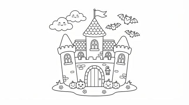 Cute cartoon haunted castle with bats and pumpkins for halloween coloring page design